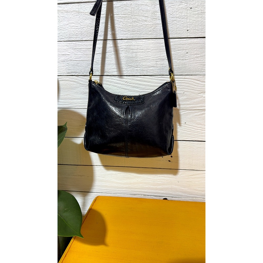 Coach Black Pebbled Leather Crossbody Bag Gold Hardware Snakeskin Trim Small - Picture 1 of 7